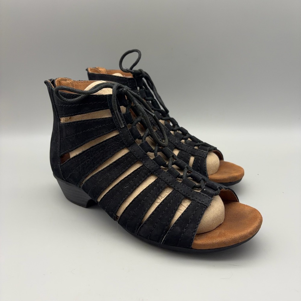 Rockport Cobb Hill Sandals Womens 7 Black Solid Leather Lace Up Gladiator Boho